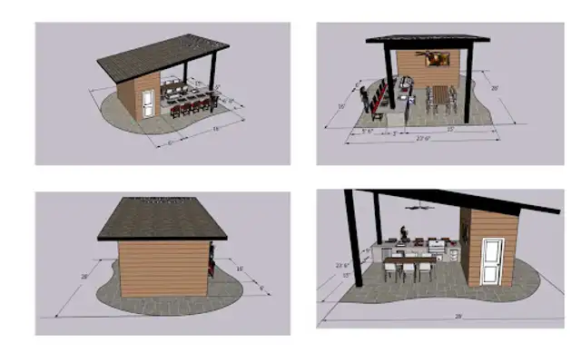 3D design rendering of a covered outdoor kitchen pavilion shown from four angles with dimensions