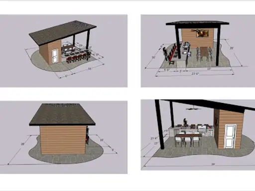 3D design drawing of a covered outdoor kitchen pavilion shown from four angles