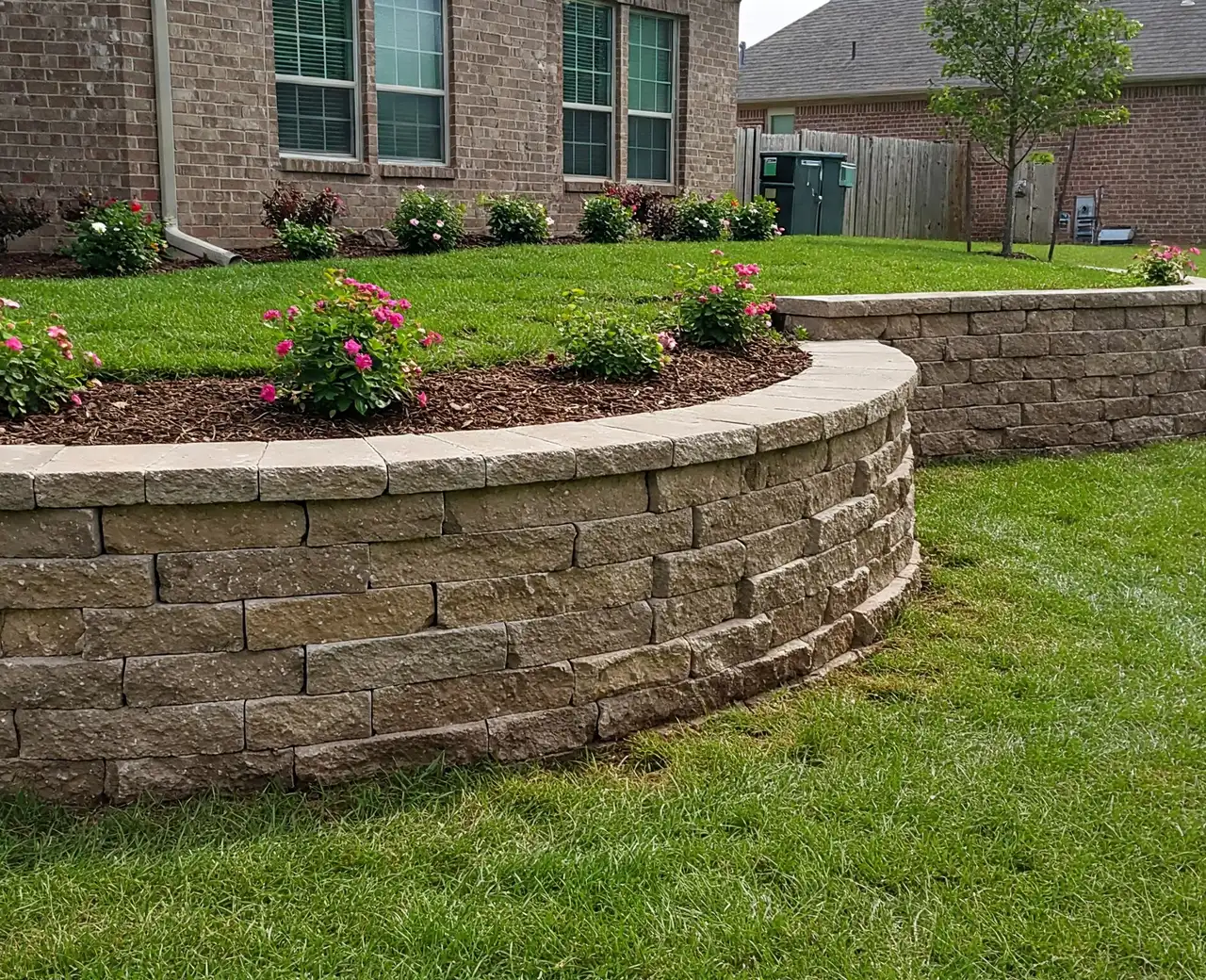 Curved segmental block retaining walls with mulched rose beds in a green front lawn