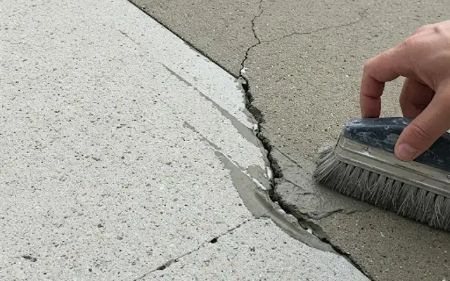 Hand brushing patching compound into a cracked concrete slab during repair