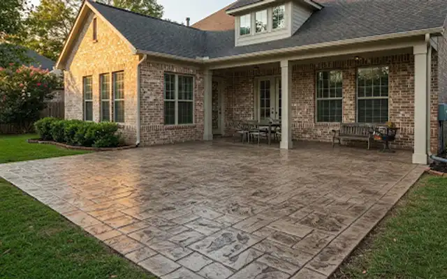 Large stamped concrete patio in a slate pattern behind a brick home with a covered porch