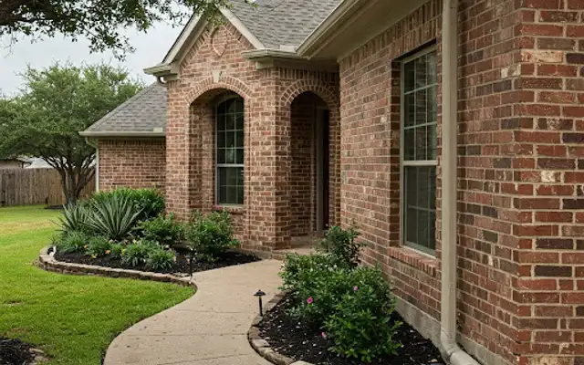 Brick house entry with a downspout, curved concrete walkway and stone-edged mulched beds