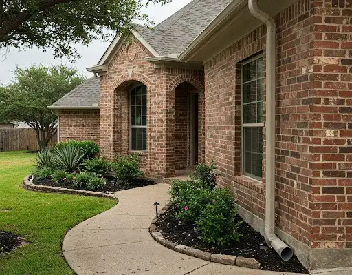 Brick home with a downspout, curved concrete walkway and stone-edged mulched beds