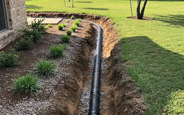 Corrugated perforated drain pipe laid on gravel in an open yard trench