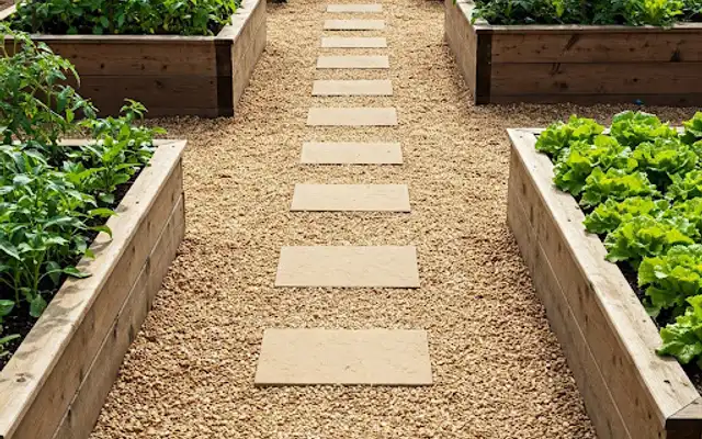 Stepping stone path set in pea gravel between raised wooden vegetable beds