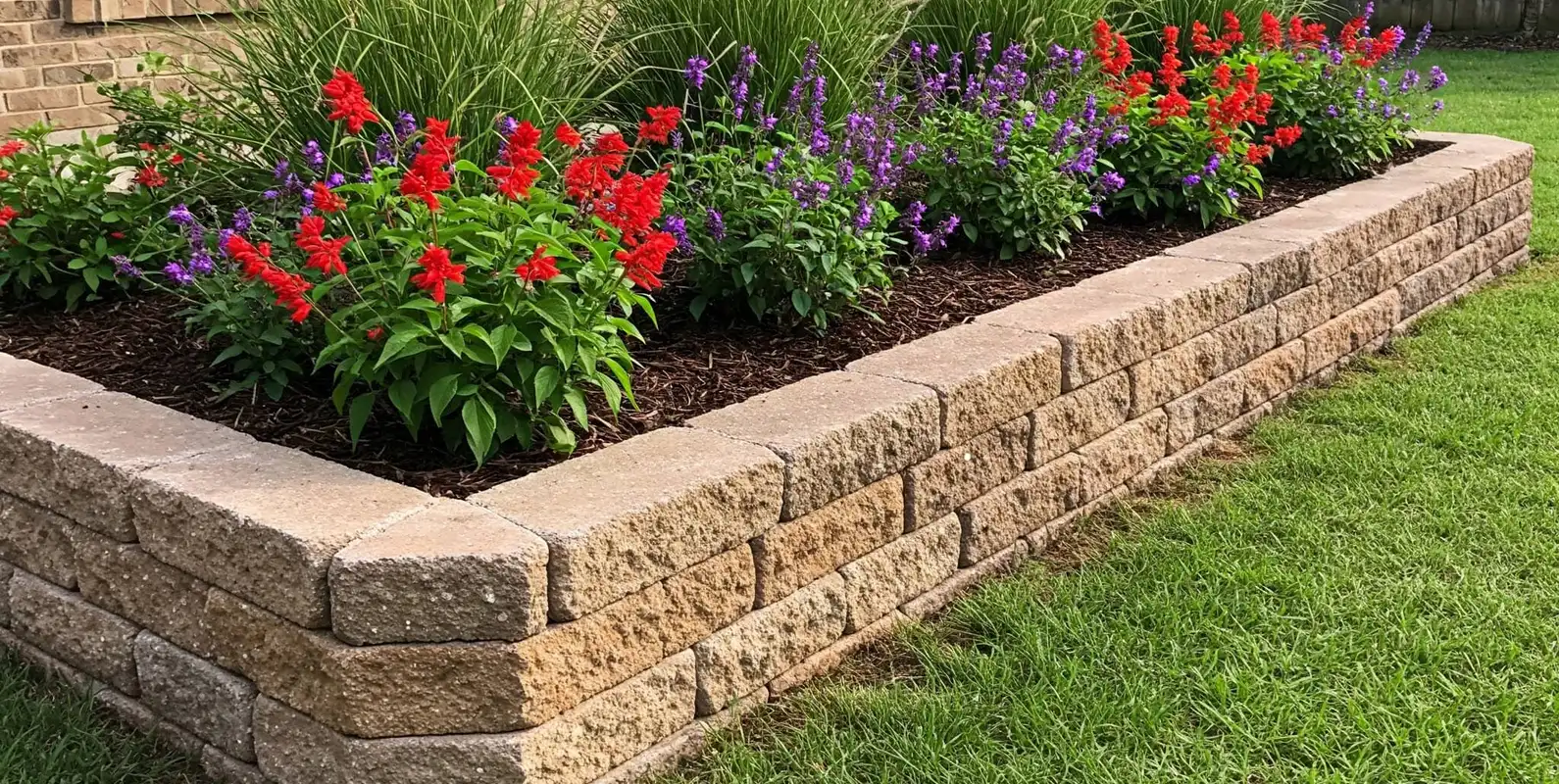 Raised stone block planter wall filled with red and purple flowers beside a green lawn