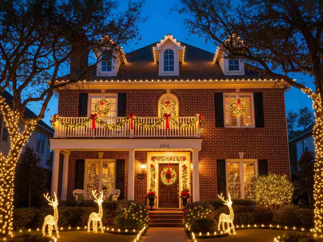 Two-story brick colonial with warm white roofline lights, garland, red bows and lit reindeer in the yard