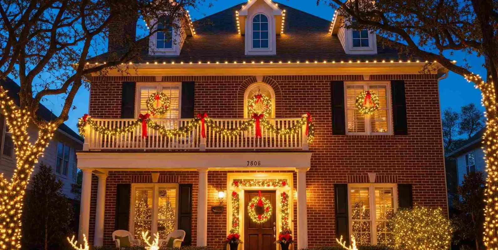 Two-story brick home with warm white roofline lights, garland and lighted reindeer