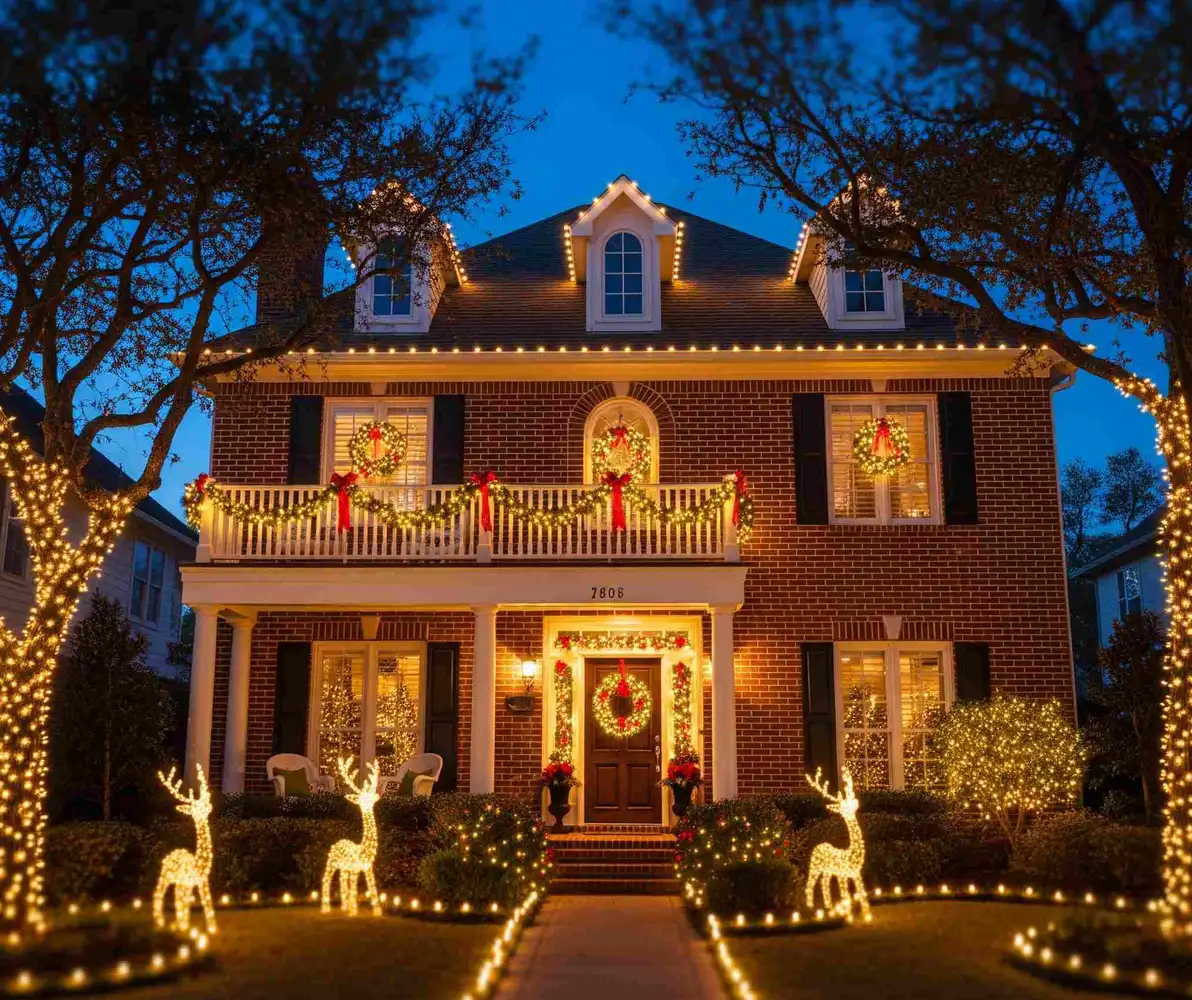Example of a two-story brick home with warm white roofline lights, garland and lighted reindeer