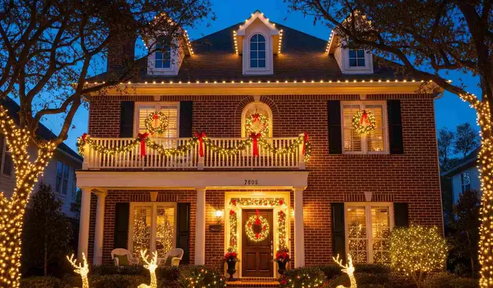 Two-story brick home with warm white roofline lights, garland and lighted reindeer