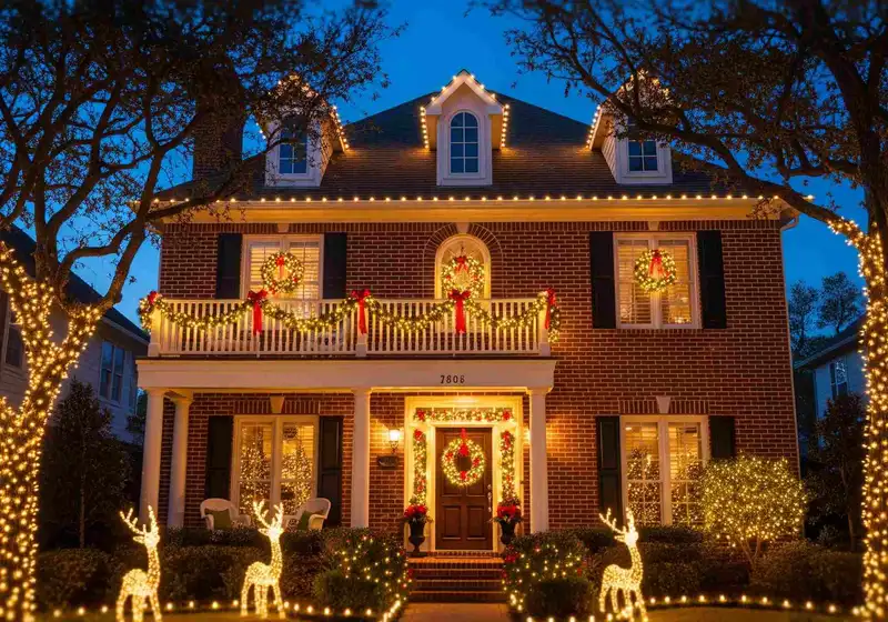 Two-story brick home with warm white roofline lights, garland and lighted reindeer