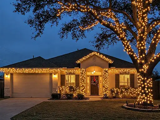 Example of a single-story home with warm white roofline lights and a fully light-wrapped oak tree