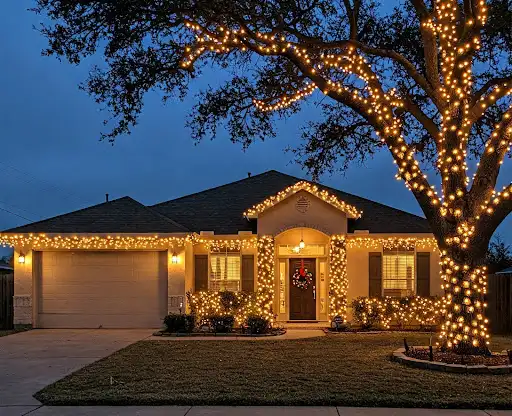 Single-story house with warm white roofline lights and a large oak tree fully wrapped in Christmas lights