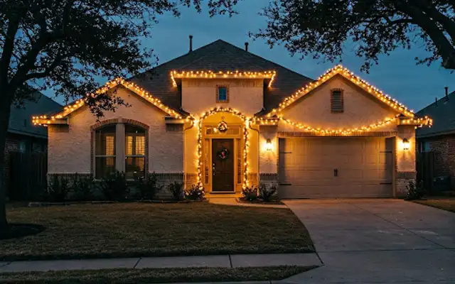 Stucco house with warm white roofline Christmas lights and a lit entry arch at dusk