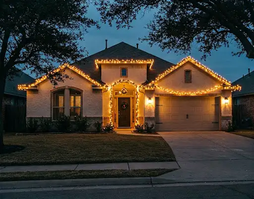 Warm white Christmas lights outlining the roofline and front arch of a stucco home