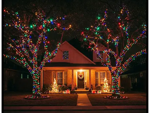 Example of two front yard trees wrapped in multicolor Christmas lights in front of a home