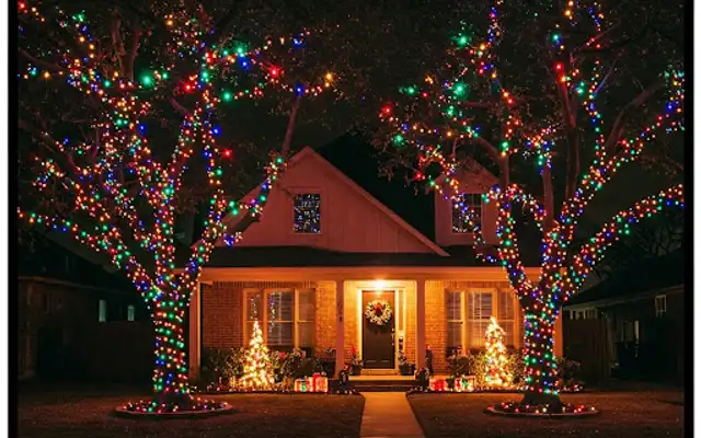 Two front-yard trees wrapped in multicolor Christmas lights beside a house at night