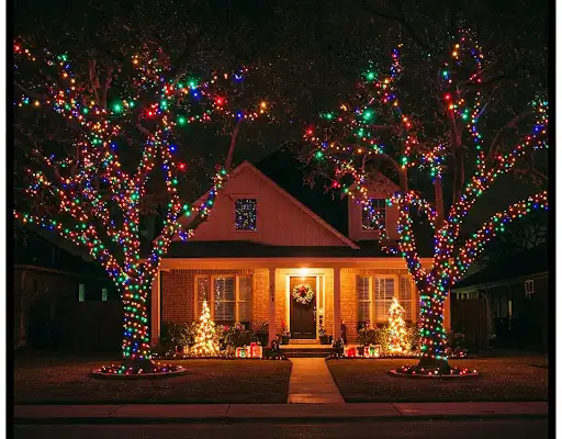 Front-yard trees wrapped trunk to branch in multicolor Christmas lights at night