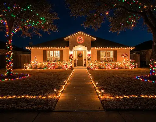Christmas lights lining a front walkway with a lit roofline and wrapped trees behind