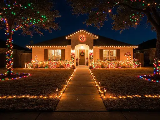 Example of a home with a lit roofline, light-lined front walkway and multicolor wrapped trees at night