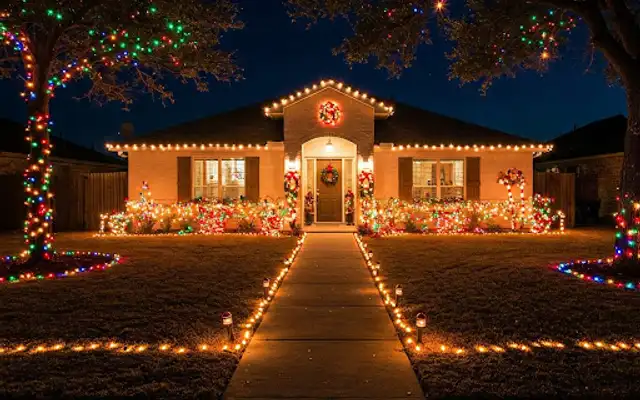 Home with lit roofline, a light-lined front walkway and multicolor wrapped trees at night