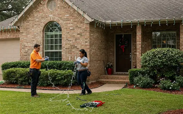 Two installers handling Christmas light strands on the front lawn of a brick house