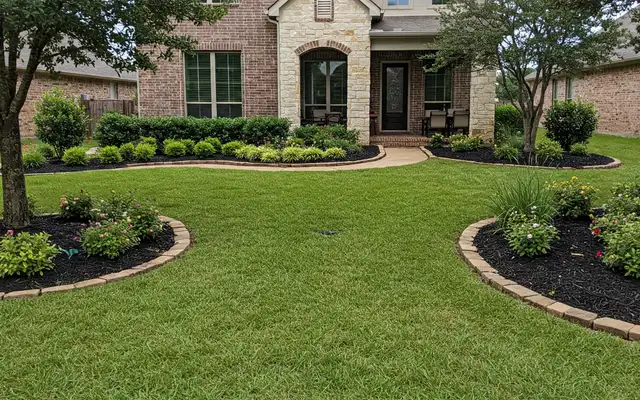 Brick and stone home with a lush lawn and curved stone-edged flower beds
