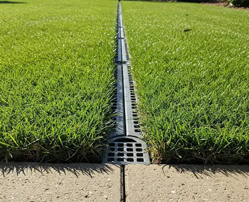 Plastic channel drain grate set between strips of lawn at a concrete edge
