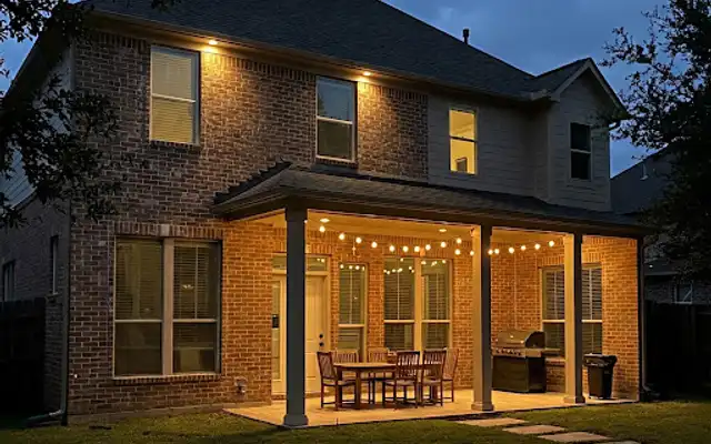 Two-story brick house at dusk with soffit lights and a string-lit covered patio