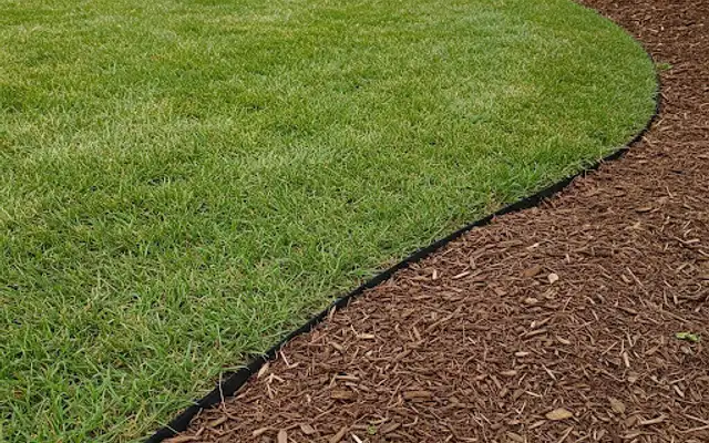 Curved steel edging separating a green lawn from a brown mulch bed