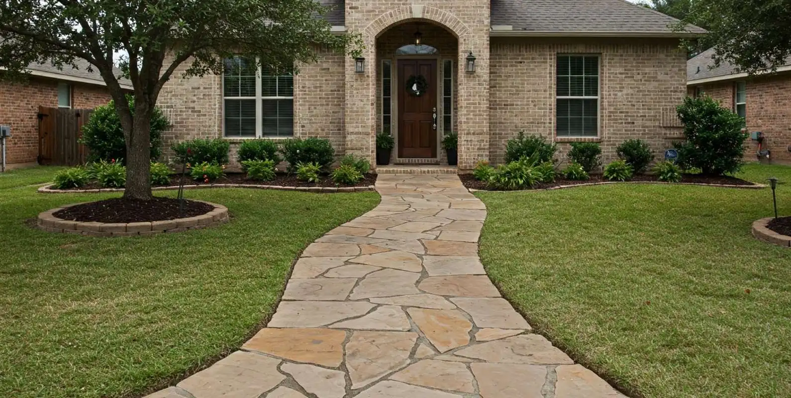 Flagstone walkway through a front lawn leading to a brick home entry