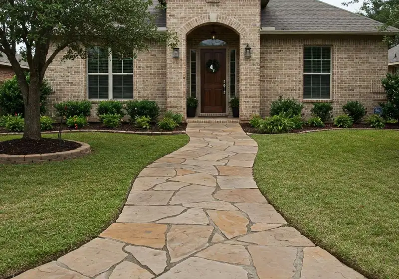Flagstone walkway through a front lawn leading to a brick home entry