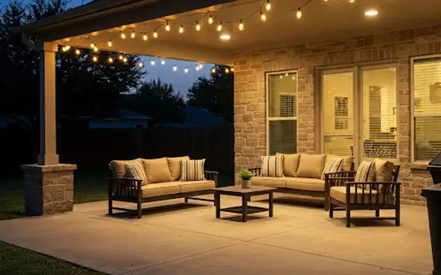 Covered concrete patio at night with string lights and outdoor sofas