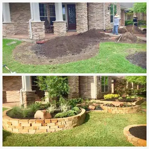 Before and after: bare soil piles with workers on the left, finished stacked stone raised beds on the right