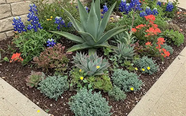 Drought-tolerant flower bed with agave, bluebonnets and succulents in mulch