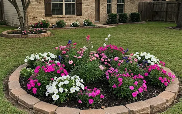 Round block-edged flower bed planted with pink and white annuals in a lawn