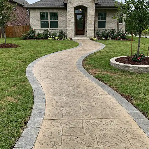 Curving stamped concrete walkway with gray paver borders leading to a home
