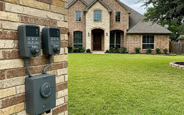 Wall-mounted irrigation controllers on a brick wall beside a green lawn