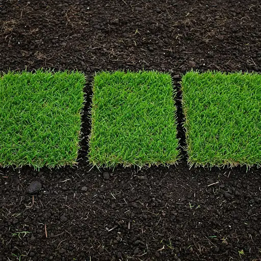 Close view of three fresh sod pieces on prepared soil, ready to install