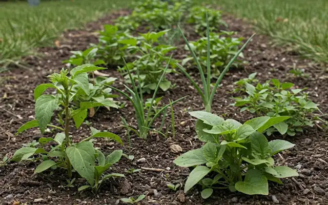 Row of young seedlings planted in dark, freshly prepared garden soil