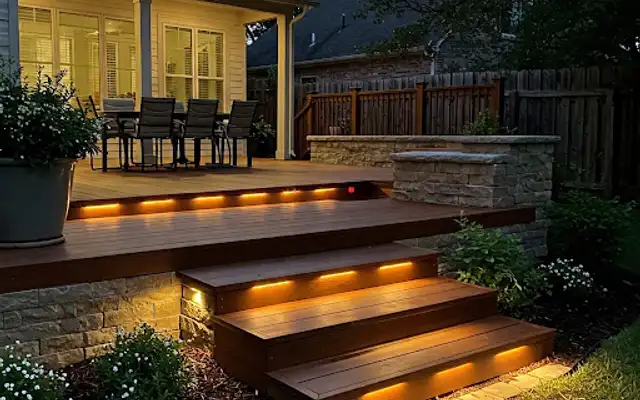 Wood deck steps with LED step lights between stone walls at dusk