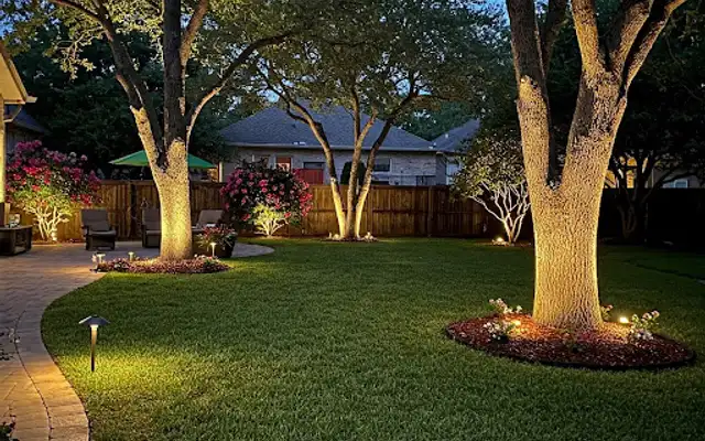 Backyard at night with uplit tree trunks and a path light beside a paver edge