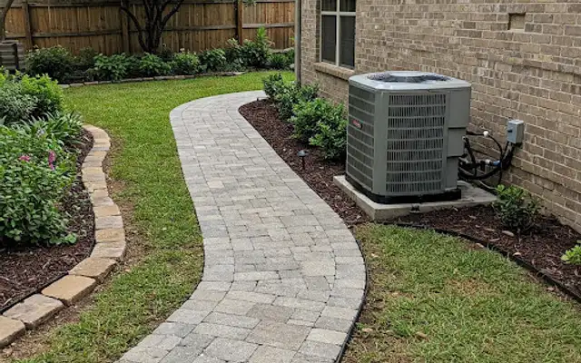 Gray paver walkway curving along the side of a brick home past an AC unit