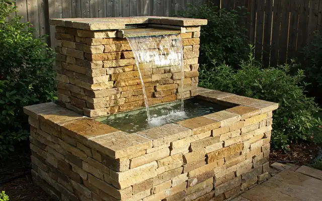 Stacked stone wall fountain spilling a sheet of water into a raised stone basin